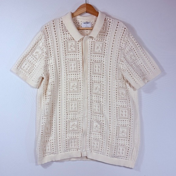 Old Navy Sweaters - Old Navy Crochet Polo Sweater Women XL Cream Grandpacore Coastal Bowling Cottage